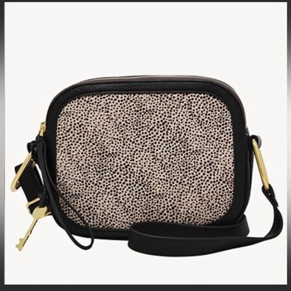 Fossil Elle Crossbody Bag Black with White Cheetah Print Cow Hide - Picture 1 of 12